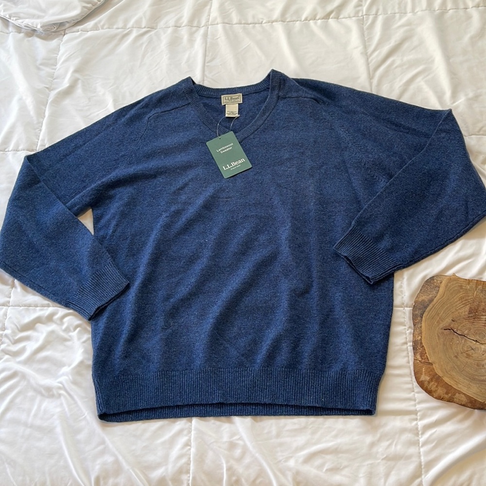 Vintage LL Bean Mens Size Large-Tall 100% Lambs Wool Sweater Pullover V Neck Blu